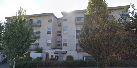 Apartment building with balconies and trees in front.