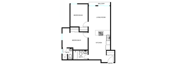 A floor plan of a home showing two bedrooms, a living room, a kitchen, and two bathrooms.