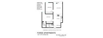 A floor plan for a 2 bedroom, 2 bath apartment.