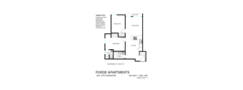 A floor plan for the Forde Apartments shows two bedrooms, a living room, a kitchen, and a bathroom.