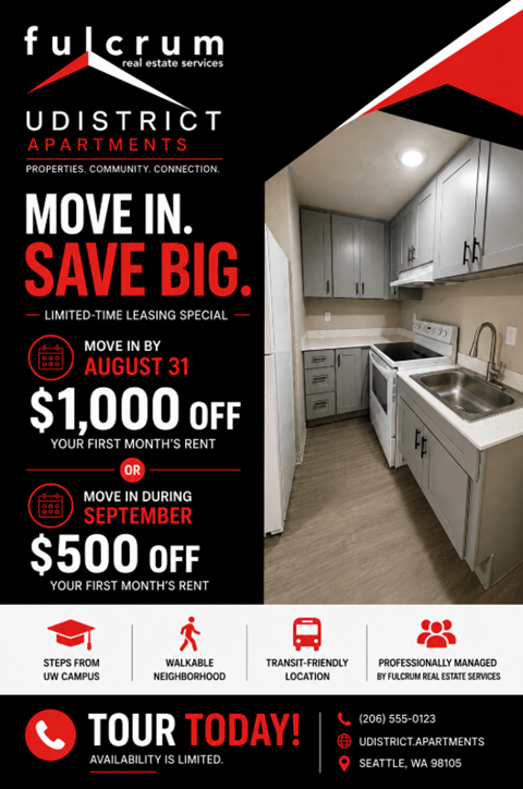 A flyer for Fulcrum Real Estate Services advertising a limited-time leasing special with discounts on the first month's rent.