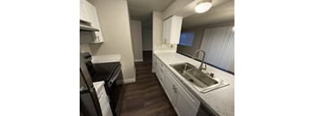 A kitchen with white cabinets and a stainless steel sink.