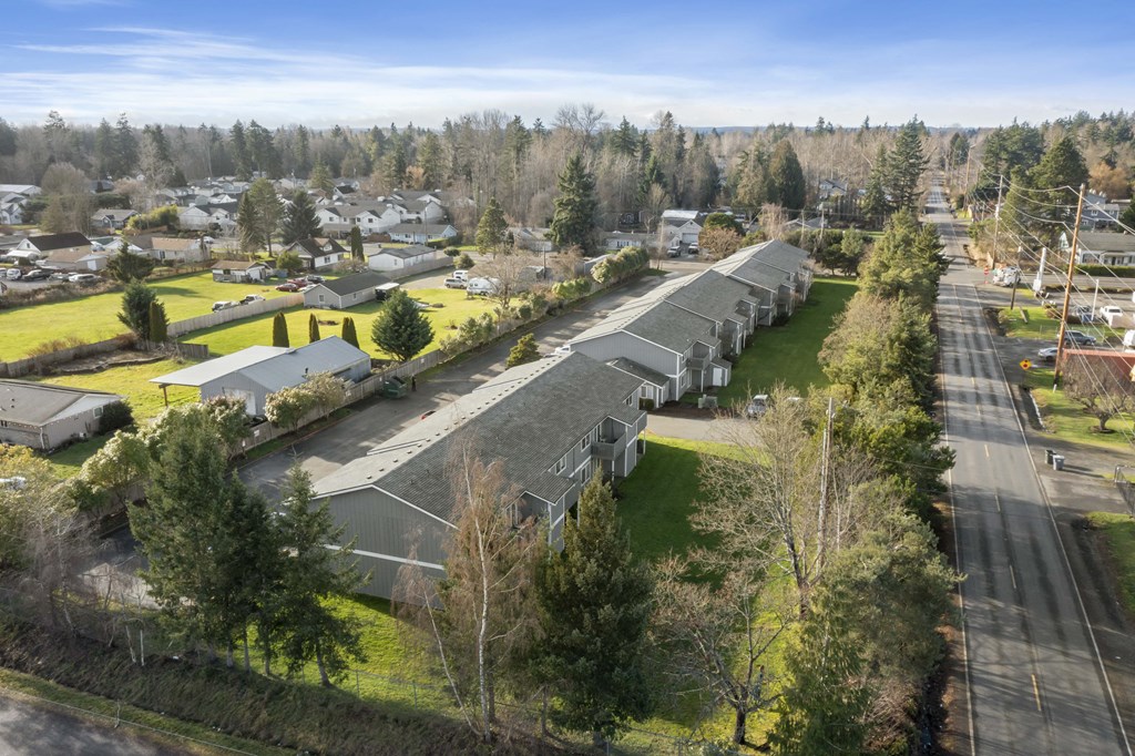 an aerial view of a park with houses and trees