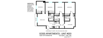 A floor plan for a 4 bedroom apartment with a living room, dining room, kitchen, and bathrooms.