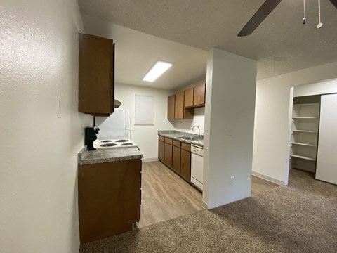 a kitchen with a stove and a sink and a refrigerator