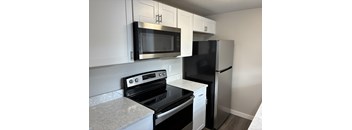 A black refrigerator sits next to a black microwave in a kitchen.