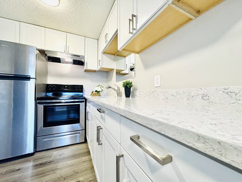 A kitchen with a stainless steel refrigerator and oven, white cabinets, and a marble countertop.