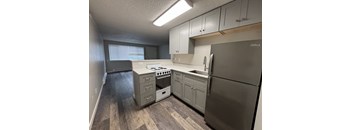 A kitchen with a stove, sink, and refrigerator.