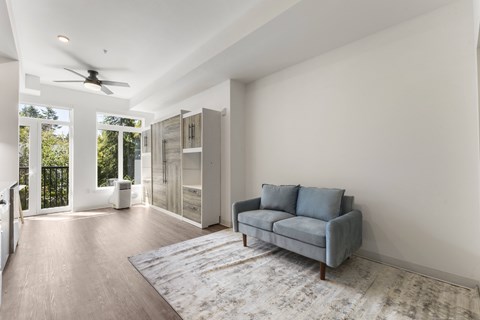 A living room with a grey couch and a rug.