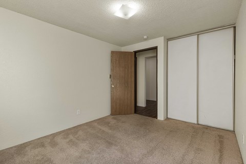 A room with a carpeted floor and a wooden door.