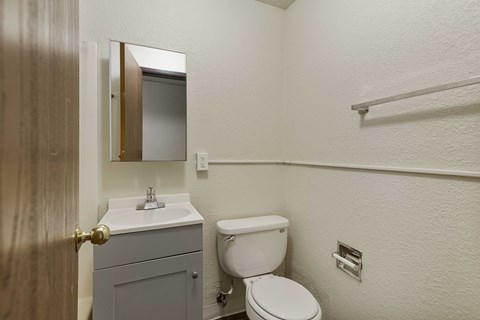 A bathroom with a toilet, sink, and mirror.