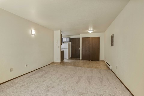 A spacious room with a carpeted floor and two doors.