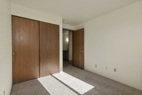 A room with a white rug and a brown door.