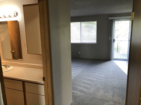 a view from the bathroom into the living room with the door open
