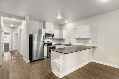 A modern kitchen with a black granite countertop and stainless steel appliances.