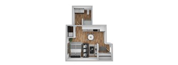 a stylized floor plan with a bedroom and a living room