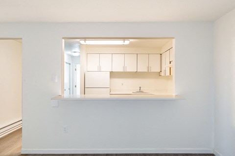 A kitchen area with white cabinets and a countertop.