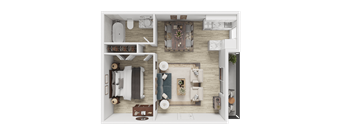 A top-down view of a small apartment with a kitchen, living room, and bathroom.