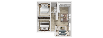 A 3D floor plan of a small apartment with a living room, kitchen, and two bedrooms.