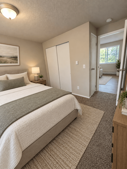 A bedroom with a large bed and a painting on the wall.
