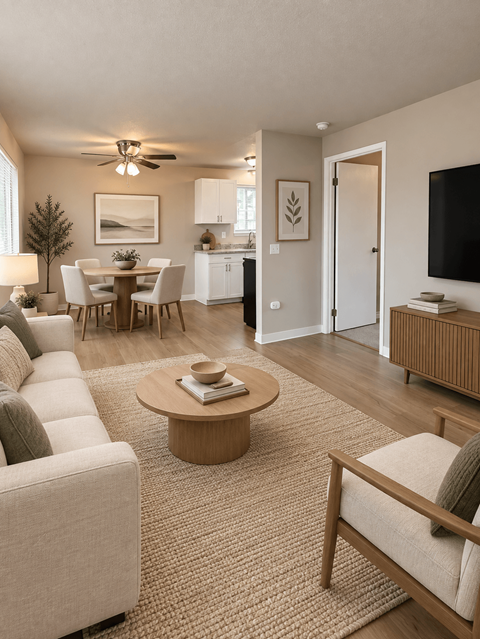A living room with a white couch, a coffee table, and a flat screen TV.