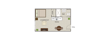 A floor plan of a small apartment with a living room, dining area, kitchen, and bathroom.