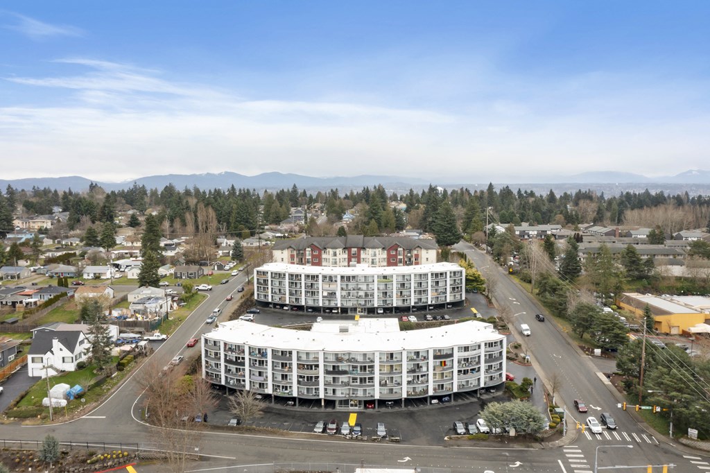 an aerial view of a large building in a city