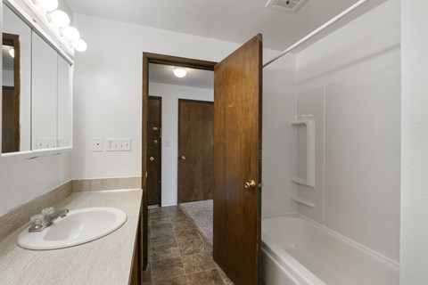 a bathroom with a white sink and a shower and a wooden door