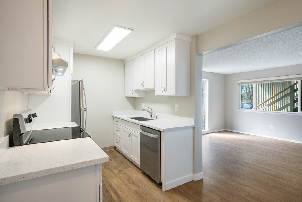 A kitchen with white cabinets and a stainless steel dishwasher.