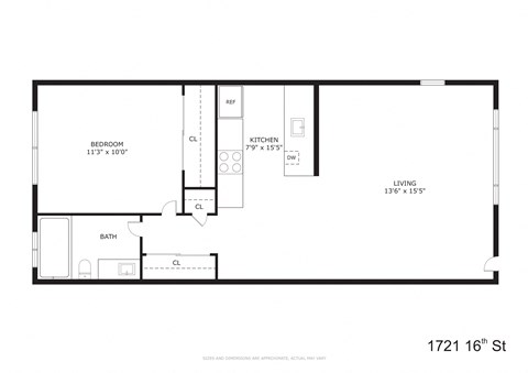 A floor plan of a property at 1721 16th St shows a bedroom, living room, kitchen, and bathroom.