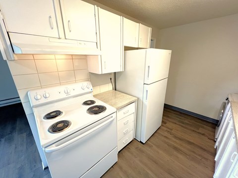 A white stove and refrigerator in a small kitchen.