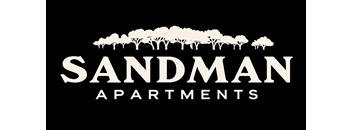 The image is a logo for Sandman Apartments, featuring a row of trees above the text.