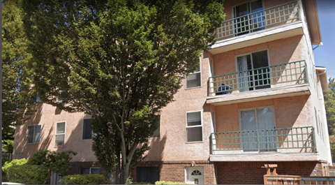 A tree in front of a building with a balcony.