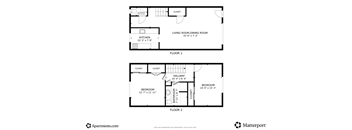 A floor plan for an apartment with two bedrooms and two bathrooms.