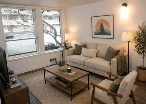 A living room with a couch, chair, and a coffee table.