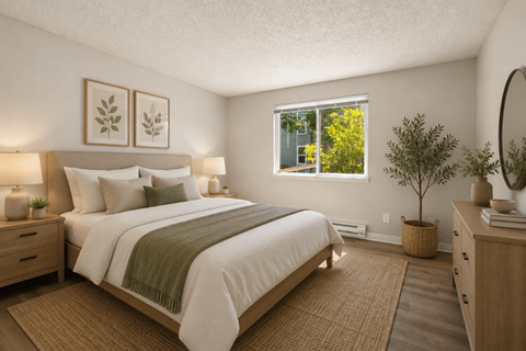 A bedroom with a large bed and a window showing greenery outside.