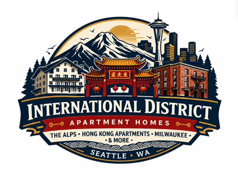 A logo for International District Apartment Homes featuring a city skyline and mountains.