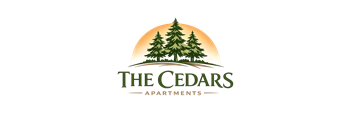 The Cedars Apartments logo features a forest silhouette against a sunset.