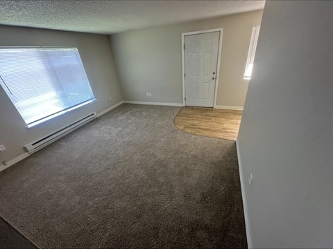 A room with a carpeted floor and a window with blinds.
