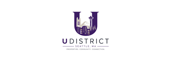 A logo for U District Seattle, Washington, featuring a stylized letter U with a city skyline and a mountain in the background.