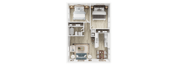 A dollhouse interior with a bedroom, living room, and kitchen.