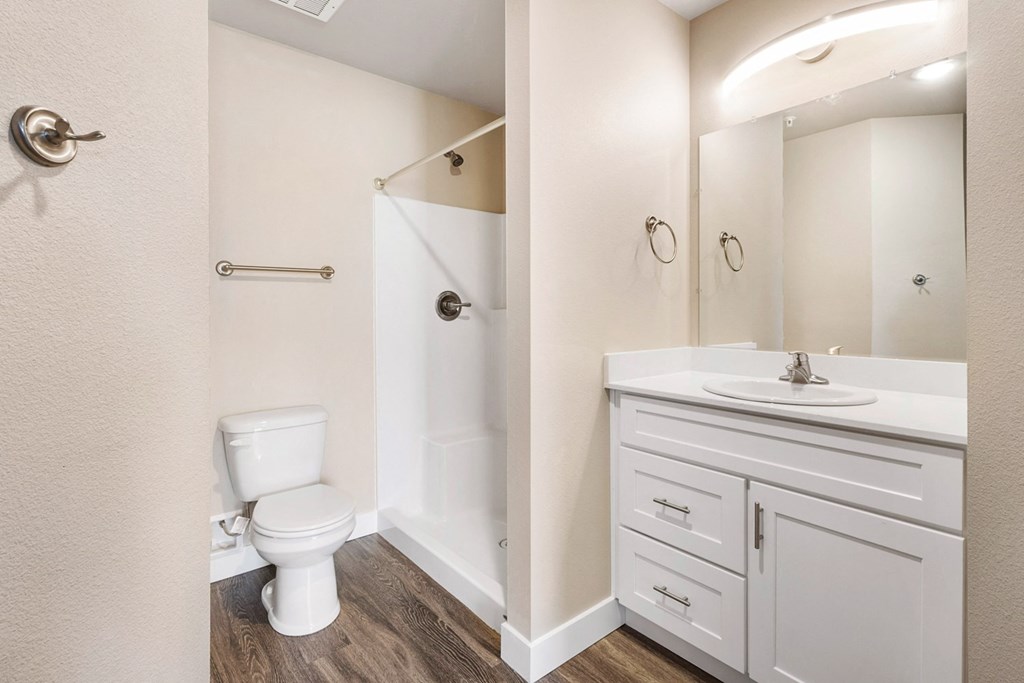 a bathroom with a toilet sink and shower and a mirror