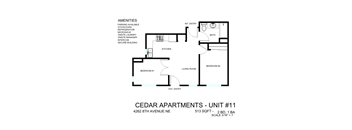 A floor plan for Cedar Apartments - Unit #11 showing the layout of the kitchen, living room, bedrooms, and bathroom.