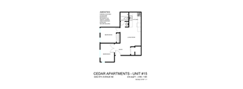 A black and white image of a floor plan for Cedar Apartments - Unit #15.