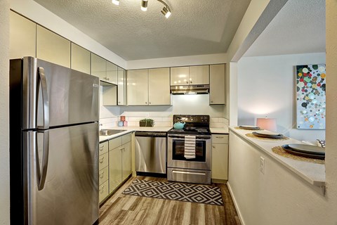 A modern kitchen with a stainless steel refrigerator and a patterned rug on the floor.