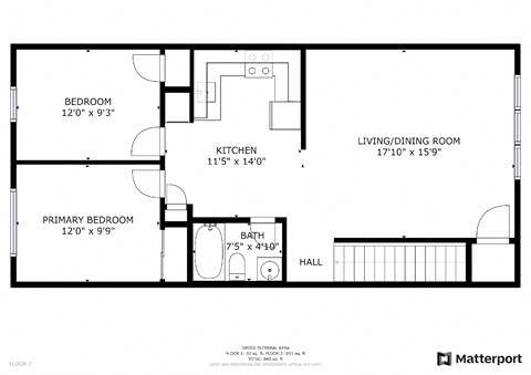 2 bed 1 bath floor plan at Amity Oak, Amityville