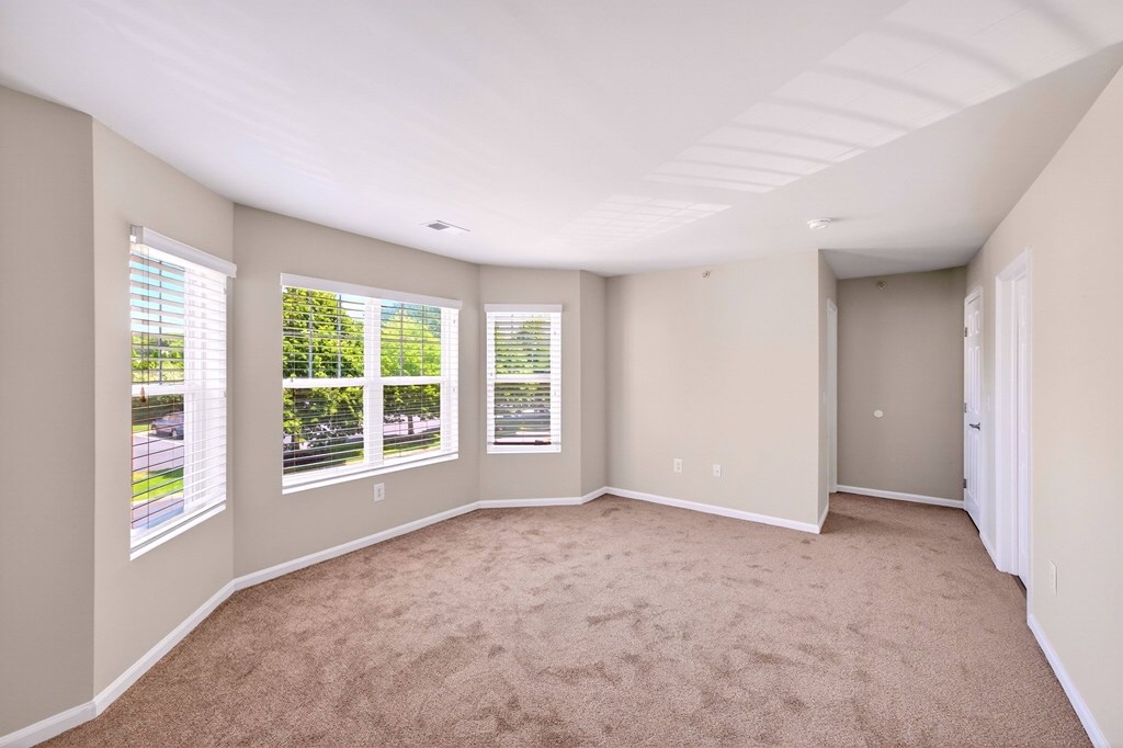 A room with carpeted floor and a window with a view of a street.