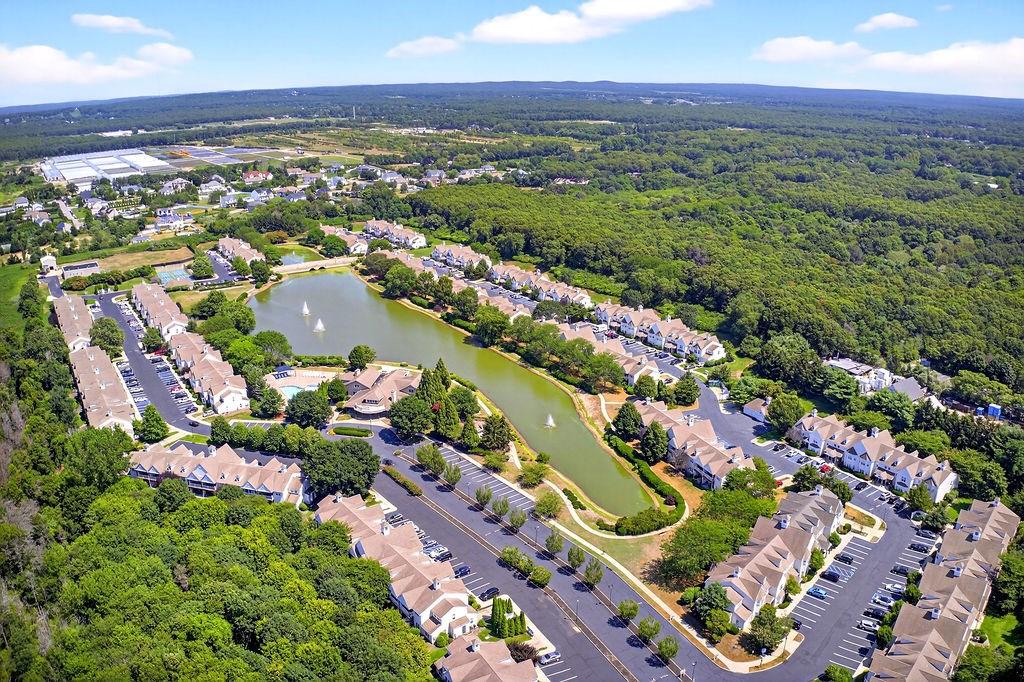 A bird's eye view of a residential area with a lake and greenery.