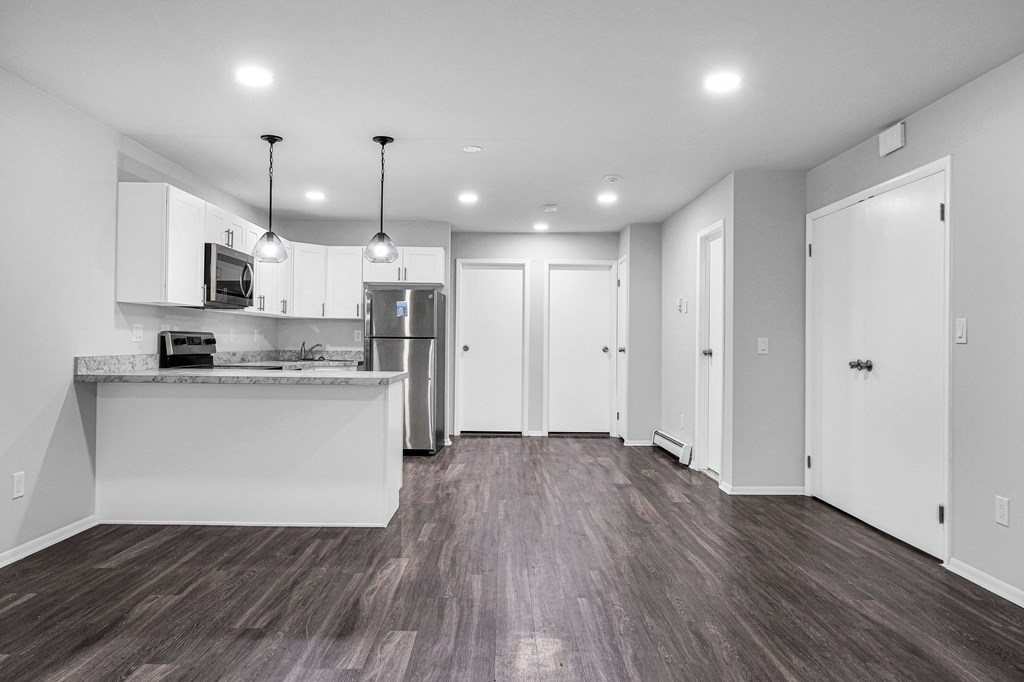 White interior kitchen and doorsat Amity Oak, Amityville