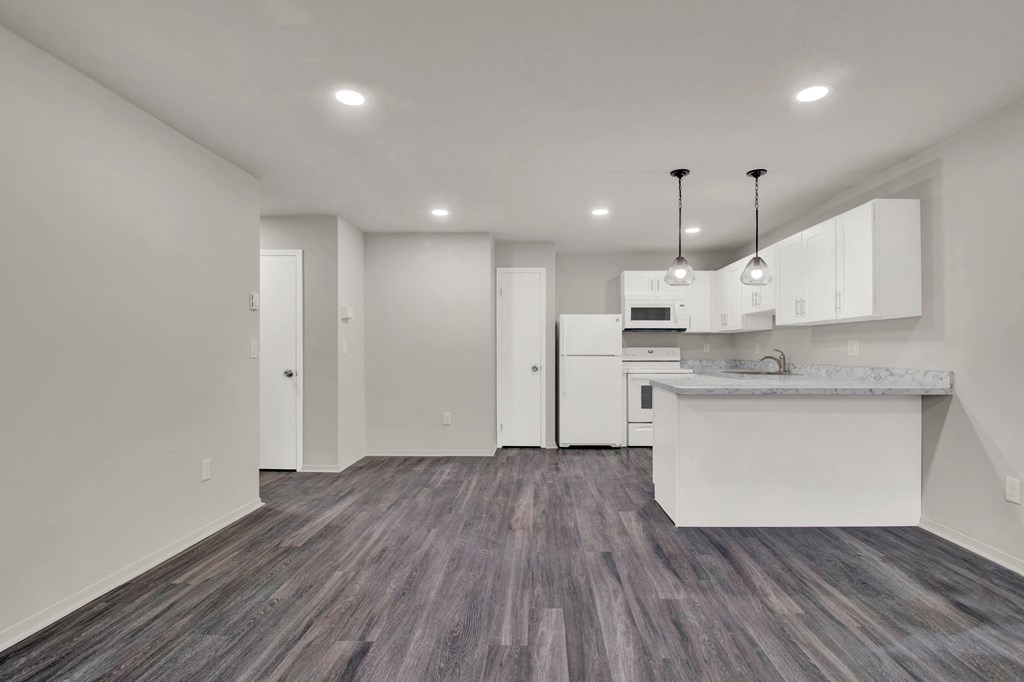 Living and open kitchen at Oakwood Manor, Bay Shore, NY